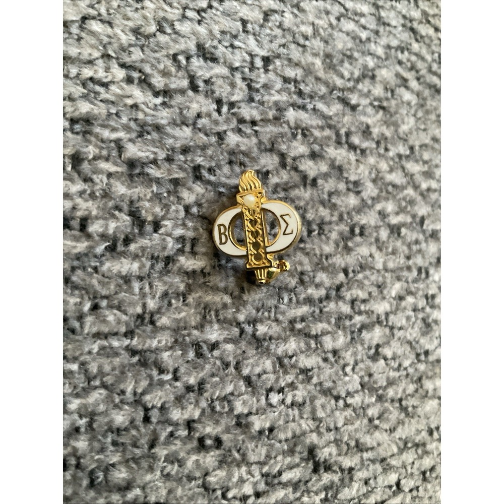 Beta Sigma Phi Sorority Pin Gold Tone Faux Seed Pearl Torch Pinback - Picture 2 of 4